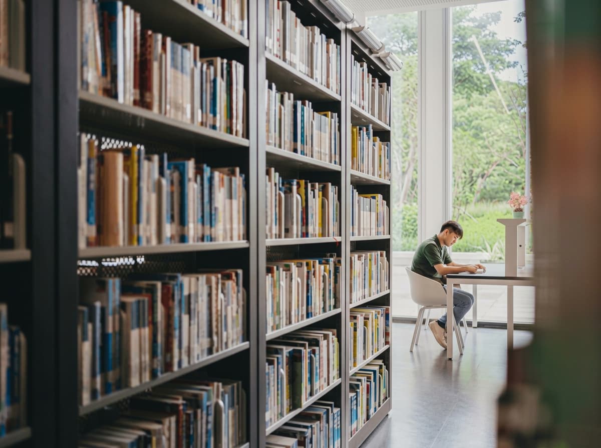 A student working alone at a desk beside a floor-to-ceiling library window.