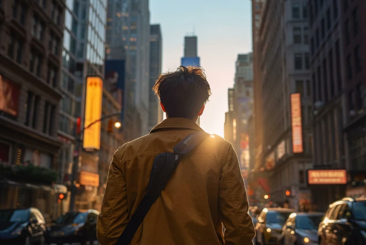A lone student standing in a downtown avenue at sunset, skyscrapers on either side.