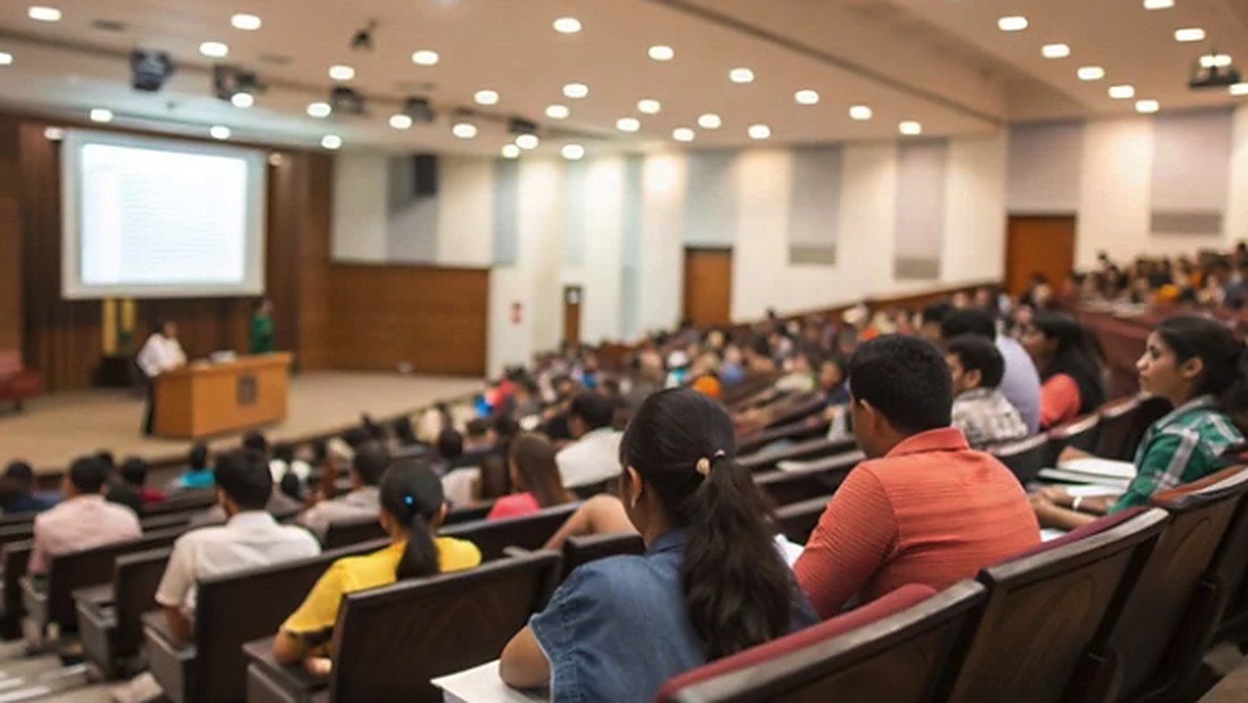 Students seated in a full auditorium during a study abroad information session.