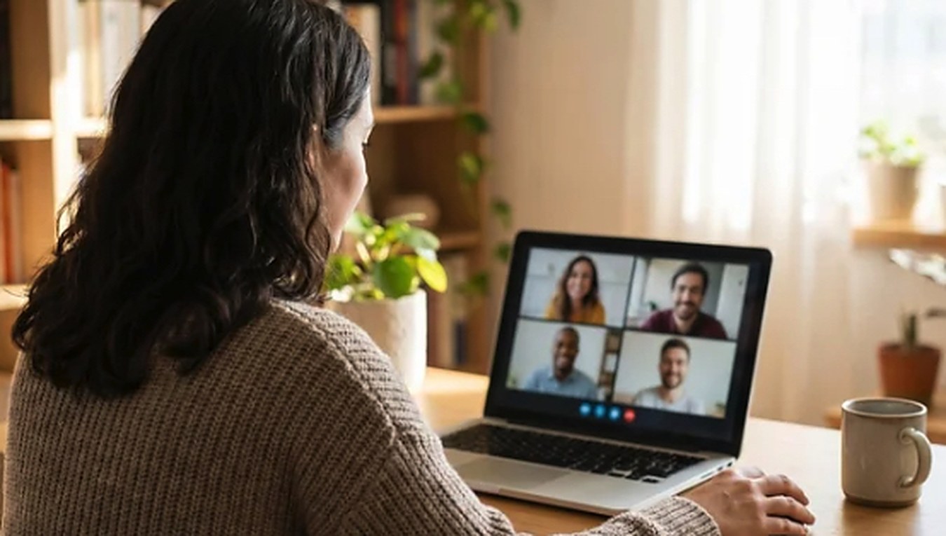 A counsellor at a laptop on a video call with four students on screen.