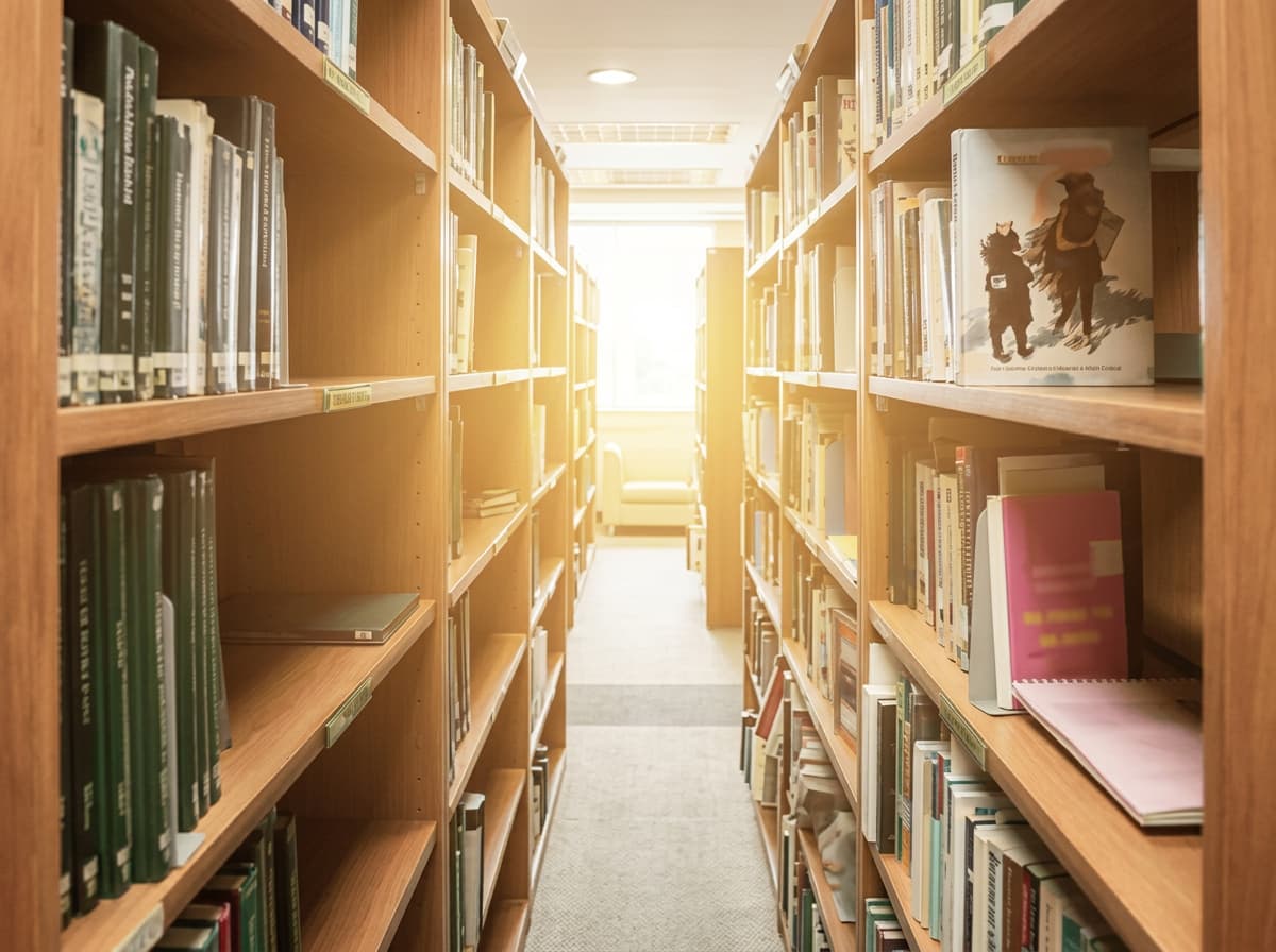A quiet university library corridor lined with bookshelves.