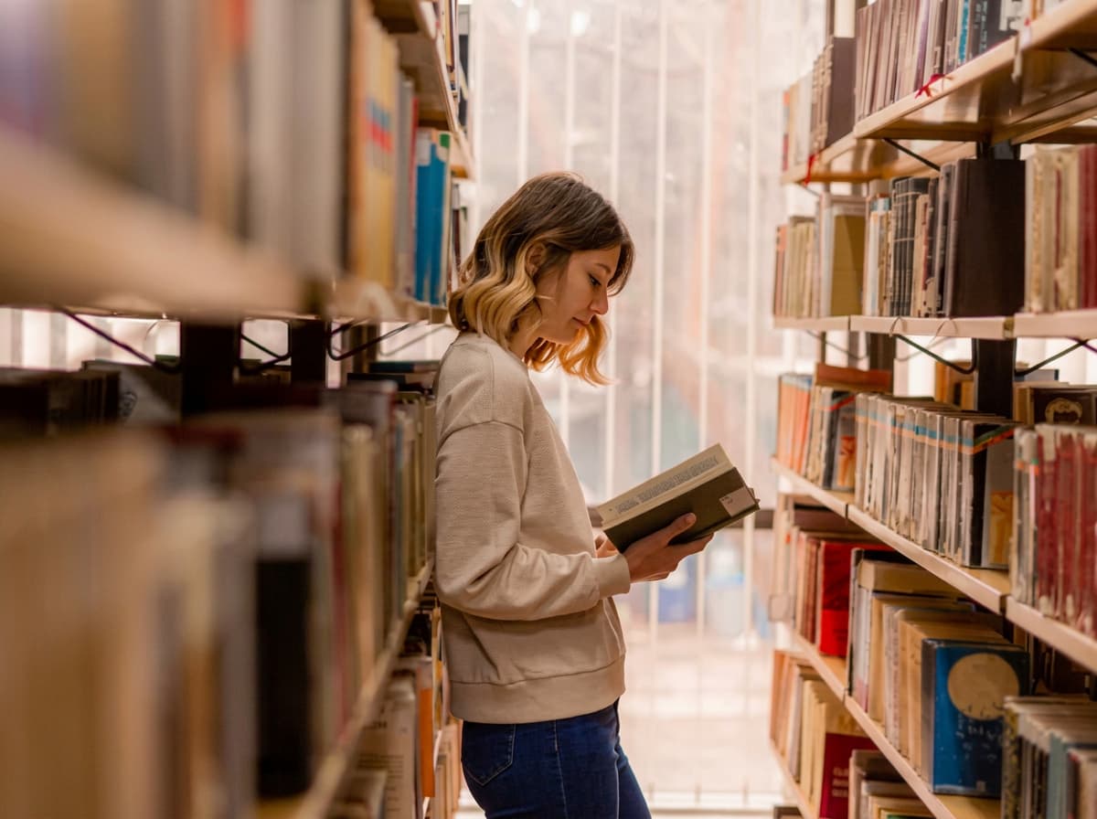 A student researching scholarships in a library.