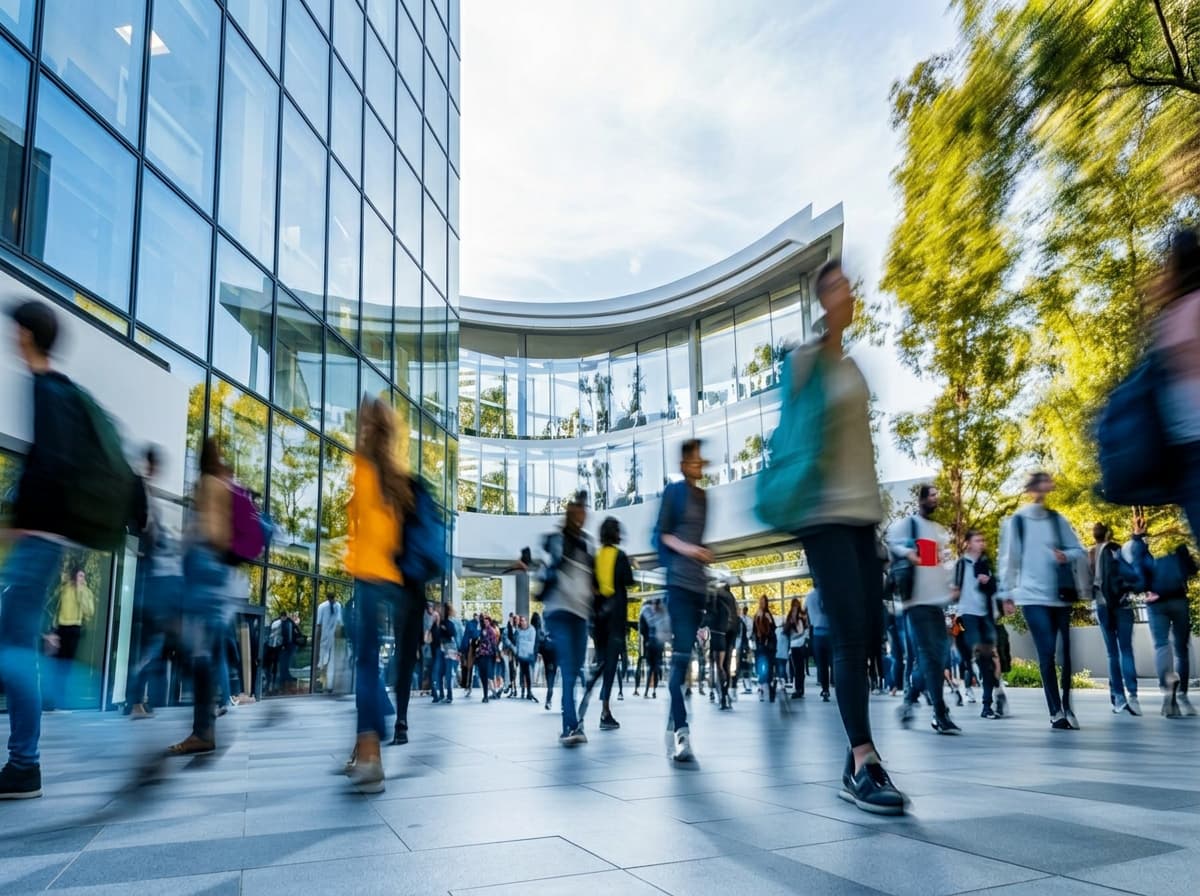 Students crossing a modern glass-fronted university campus courtyard.