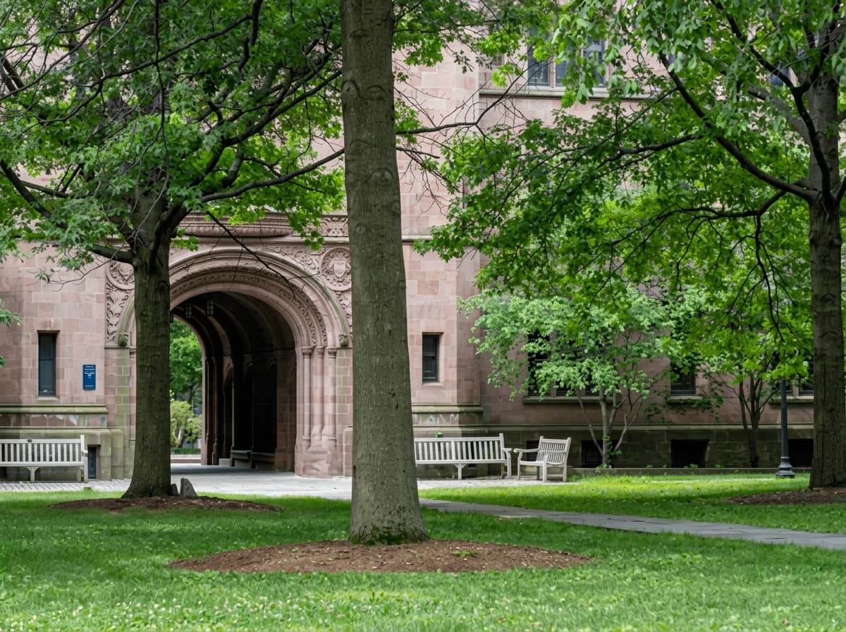 A sandstone university archway and shaded lawn with benches under mature trees.