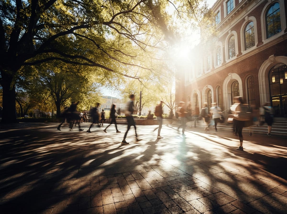 Students crossing a campus plaza in golden evening light.