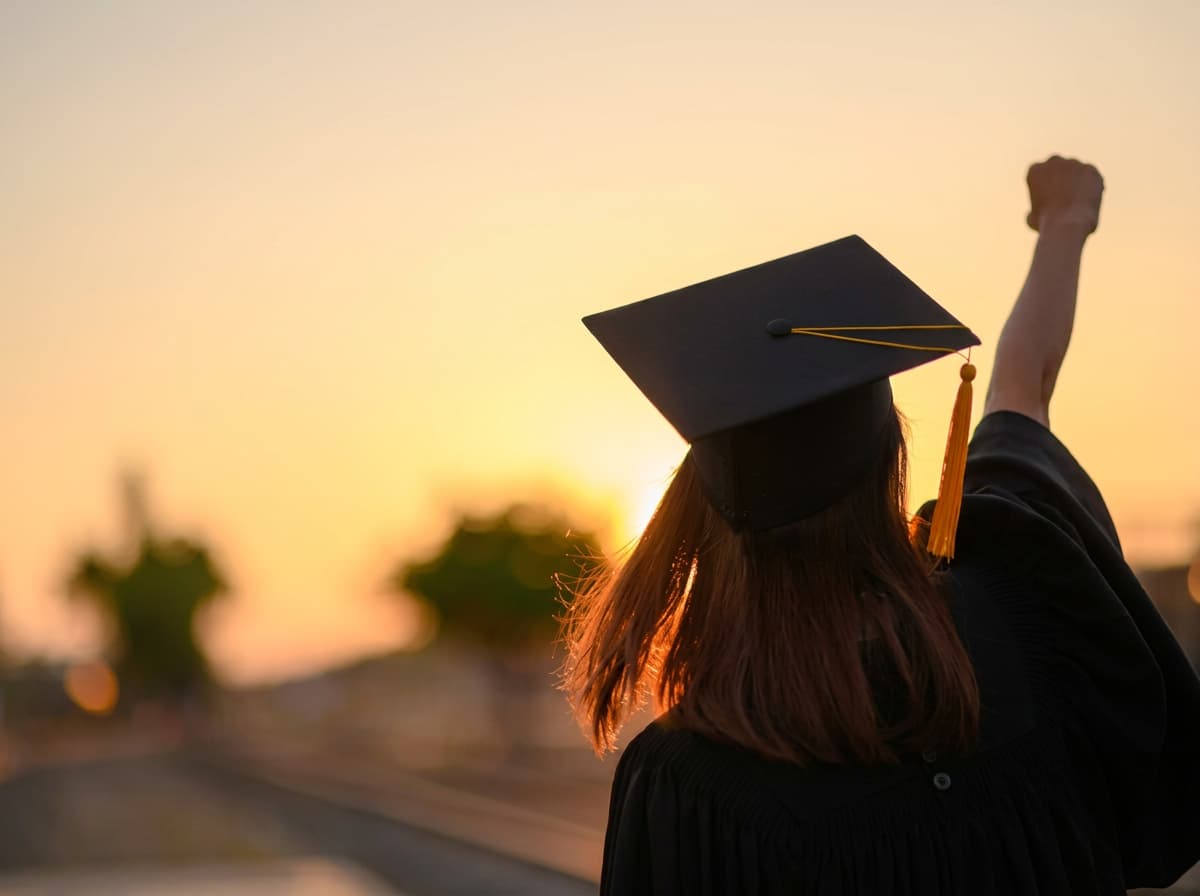 A graduate in cap and gown raising a fist against a golden sunset.
