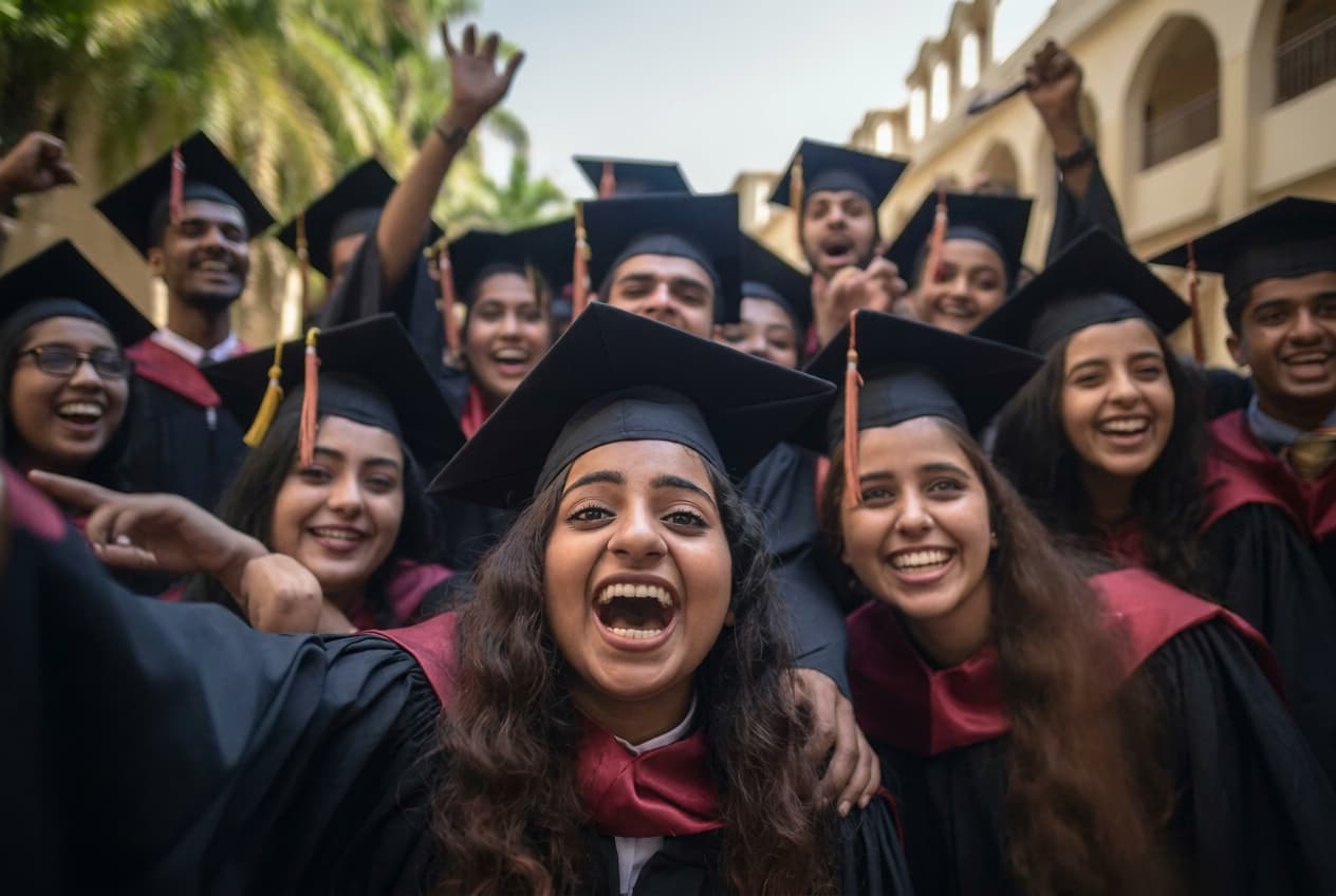 Graduates in caps and gowns celebrating together.