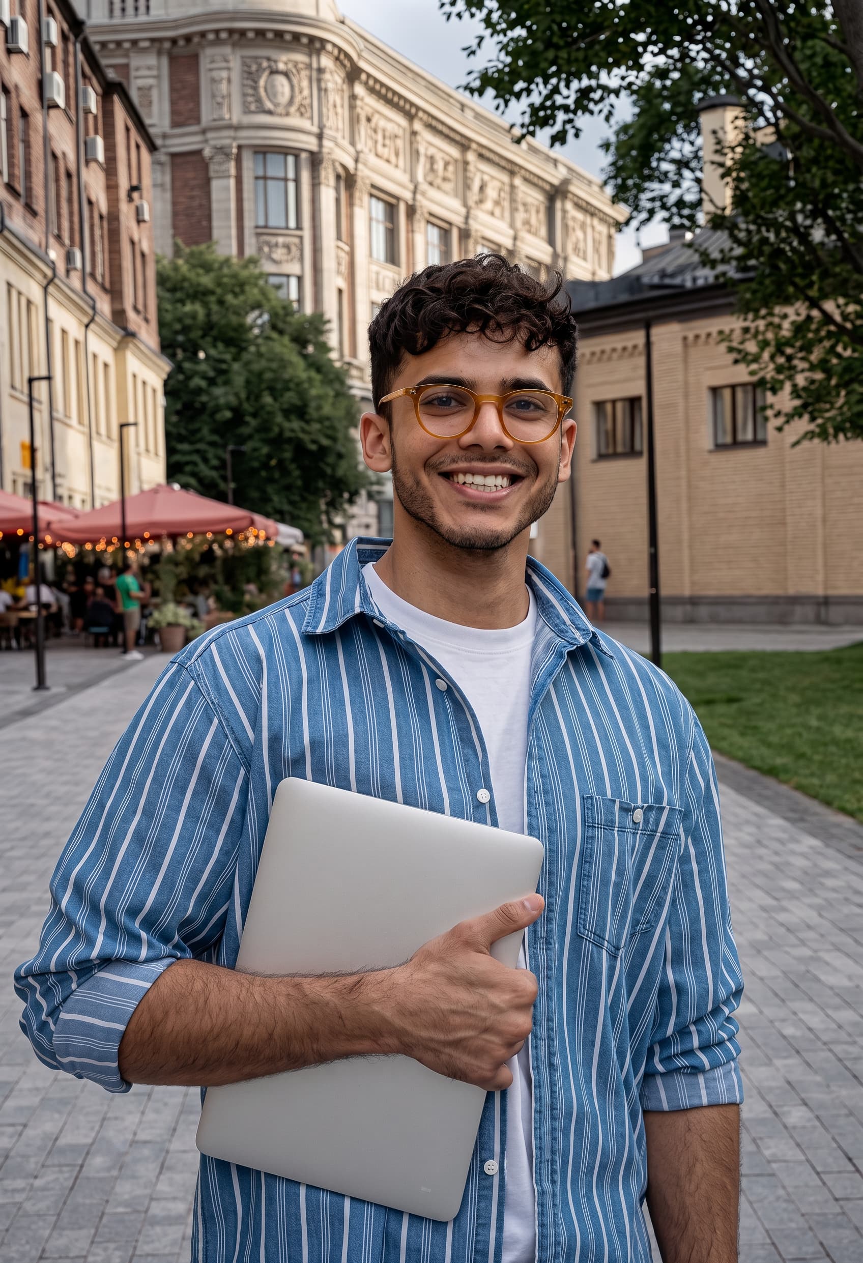 A confident postgraduate student holding a laptop on a European street.