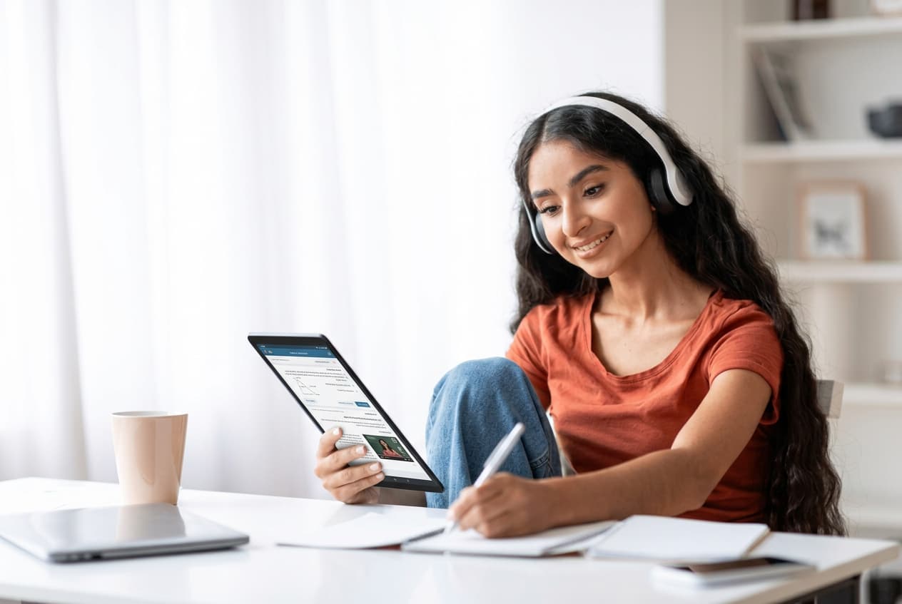 A student with headphones reviewing a scholarship portal on a tablet.