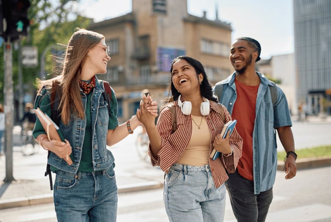 Three students walking and laughing together along a sunny city street.