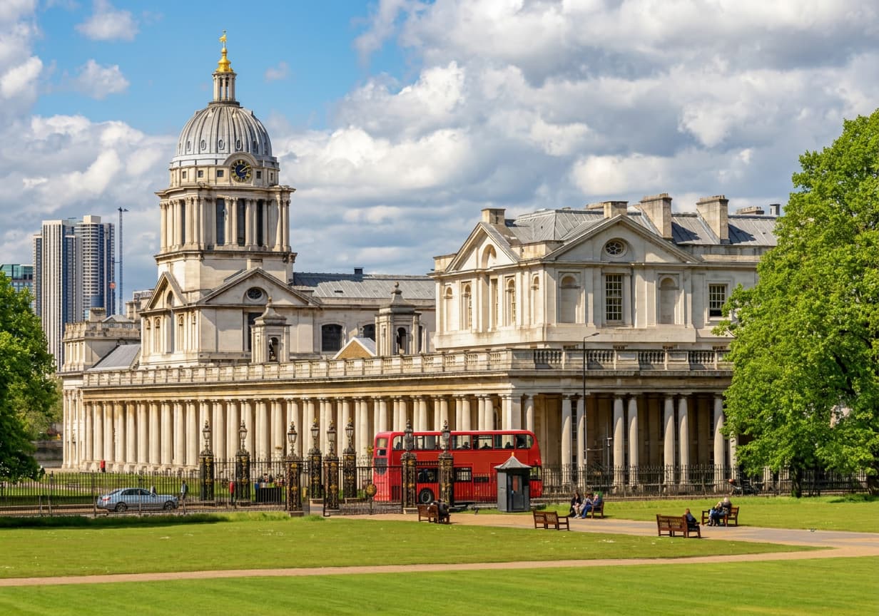 The Old Royal Naval College at Greenwich with a red London bus.