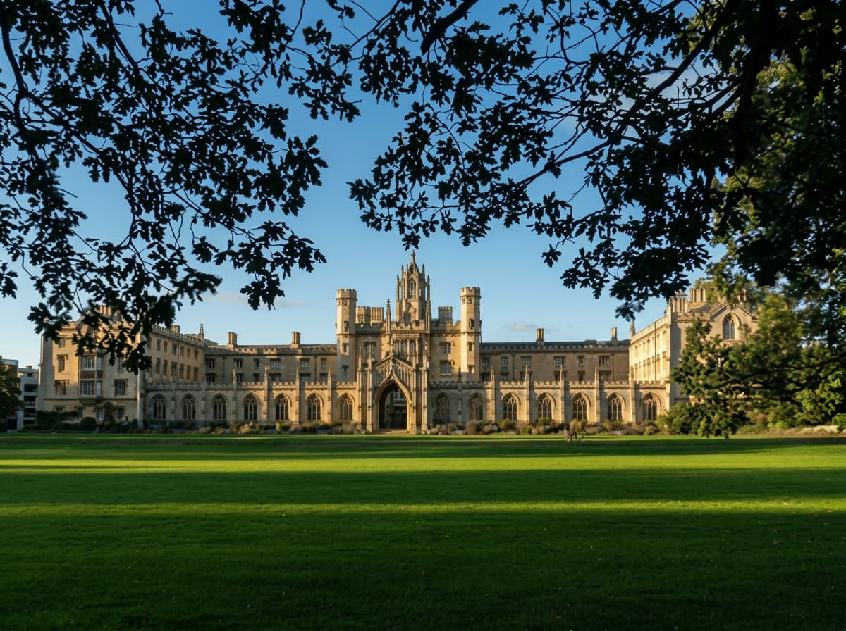 A historic college facade across a wide green lawn, framed by dark oak branches in evening light.