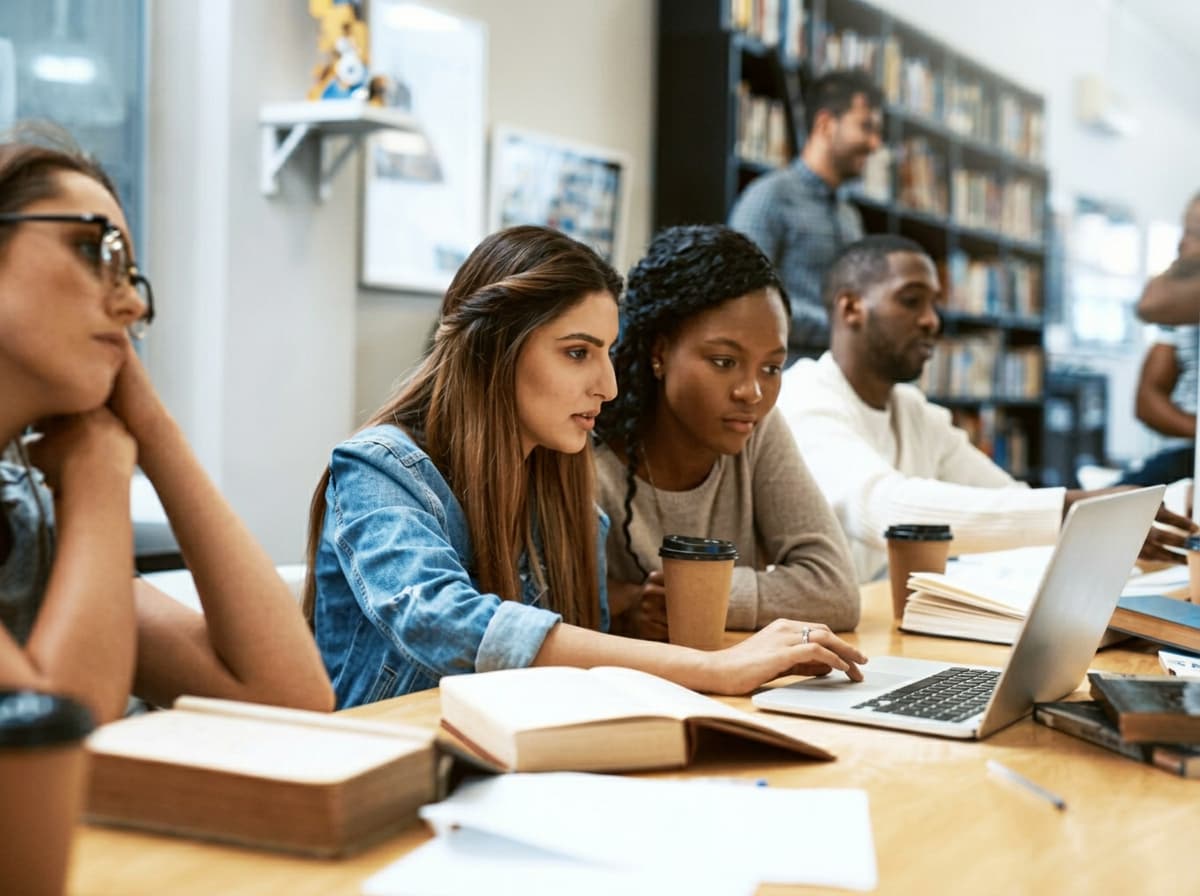 A diverse group of students focused on a laptop together at a library table.