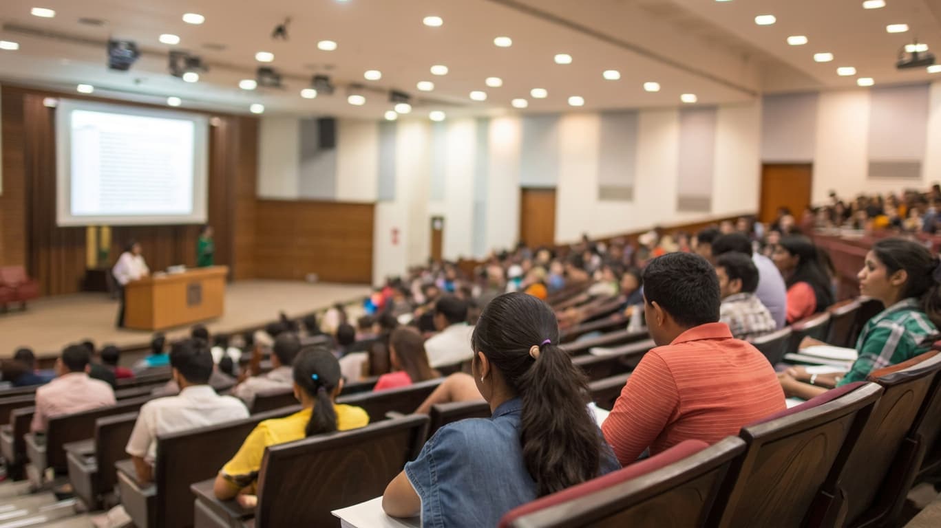 Students seated in a large lecture hall during a presentation.