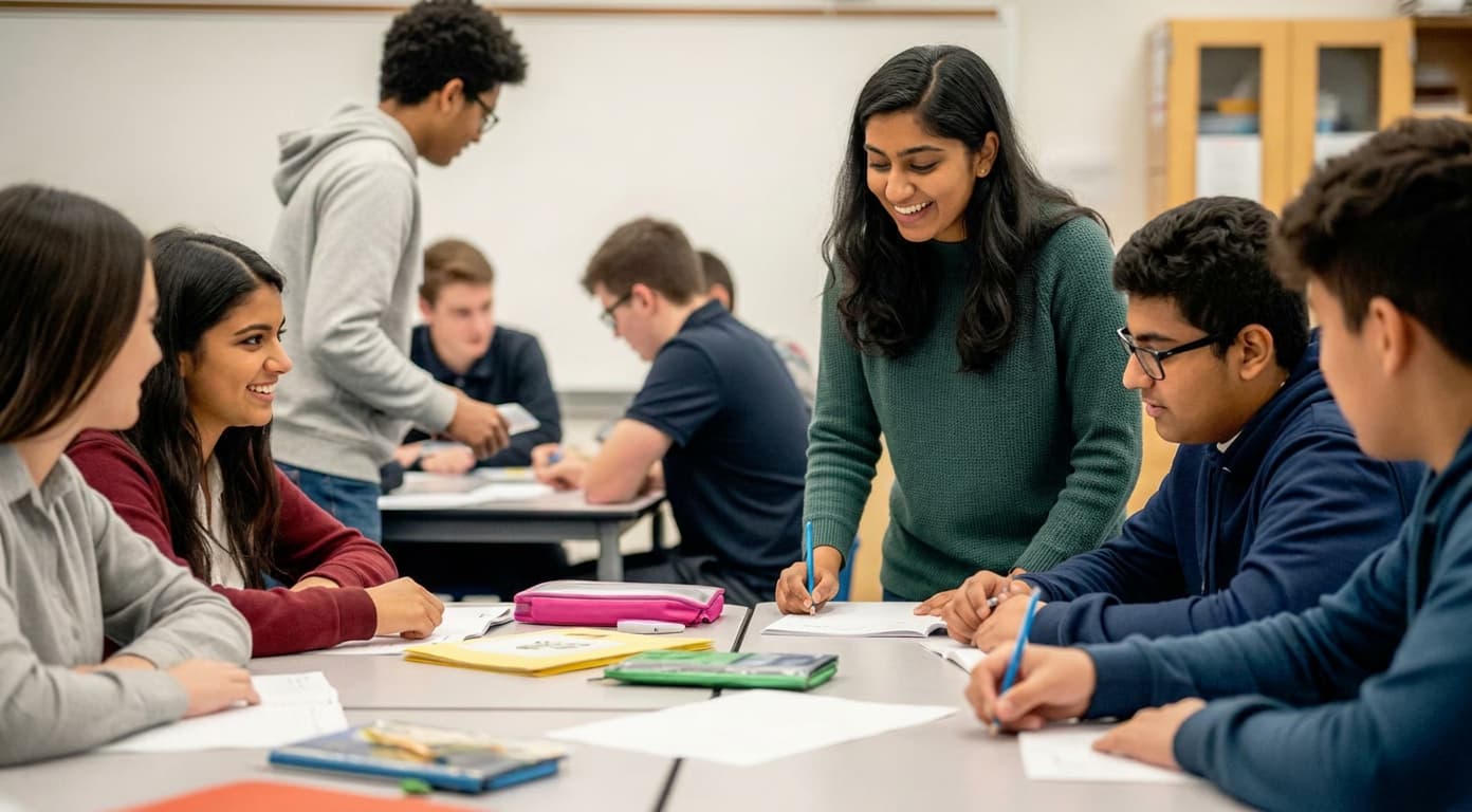 Students working together at tables during a study abroad briefing session.