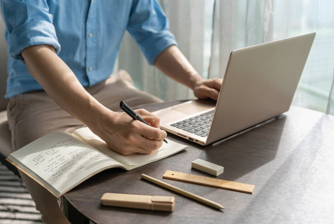 A close view of a student writing beside a laptop and study notes.