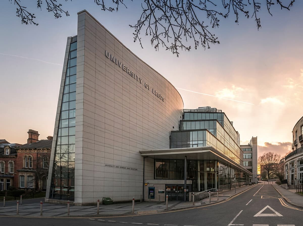 The University of Leeds campus building at dusk.